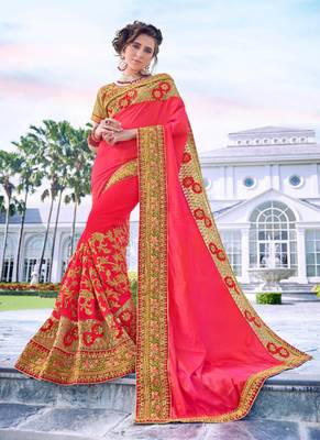 Pink embroidered satin saree with blouse 1