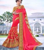 Pink embroidered satin saree with blouse