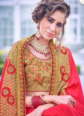 Pink embroidered satin saree with blouse 2