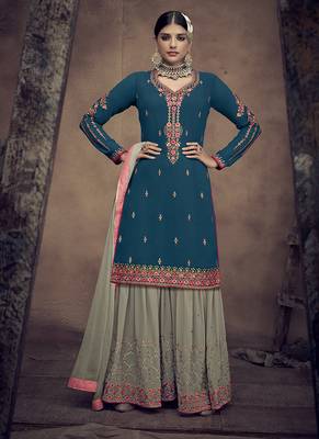 Teal-blue embroidered georgette salwar 1