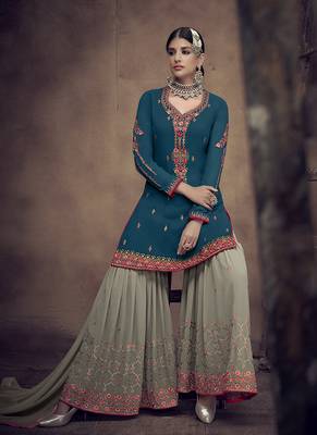 Teal-blue embroidered georgette salwar 2