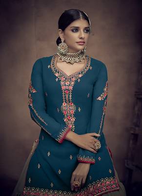 Teal-blue embroidered georgette salwar 3