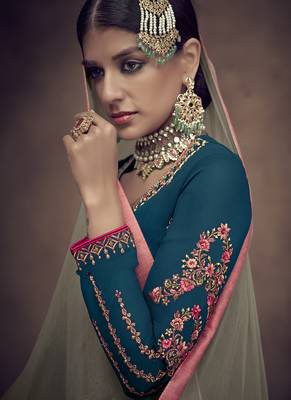 Teal-blue embroidered georgette salwar 4