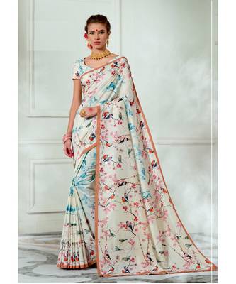 Cream printed tussar silk saree with blouse 1