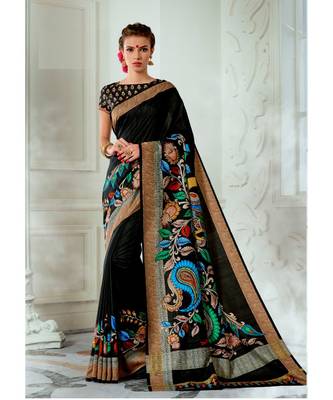Black printed tussar silk saree with blouse 1
