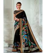 Black printed tussar silk saree with blouse