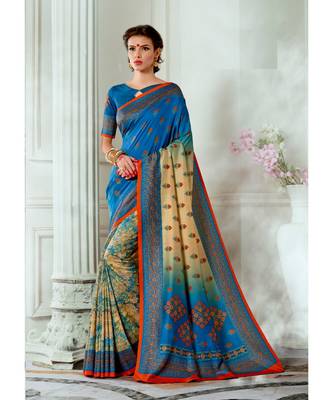 Blue printed tussar silk saree with blouse 1