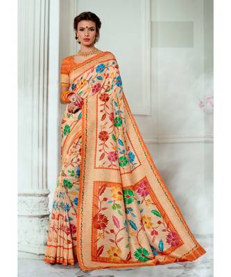 orange printed tussar silk saree with blouse 1