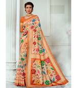 orange printed tussar silk saree with blouse
