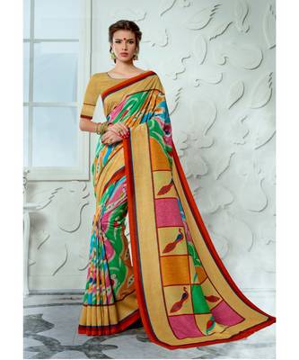 multicolor printed tussar silk saree with blouse 1