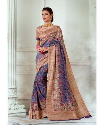 multicolor printed tussar silk saree with blouse 1