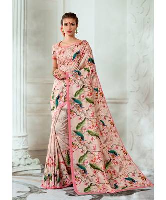 pink printed tussar silk saree with blouse 1
