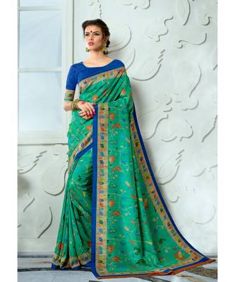 green printed tussar silk saree with blouse 1