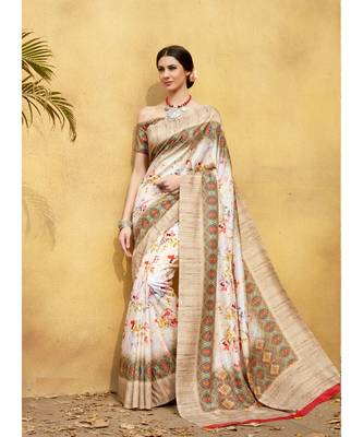 Cream printed tussar silk saree with blouse 1