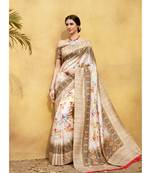 Cream printed tussar silk saree with blouse