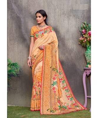 orange printed tussar silk saree with blouse 1