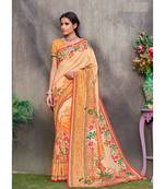 orange printed tussar silk saree with blouse