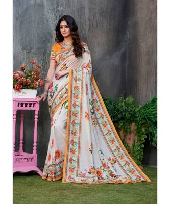 cream printed tussar silk saree with blouse 1