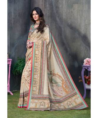 Beige printed tussar silk saree with blouse 1
