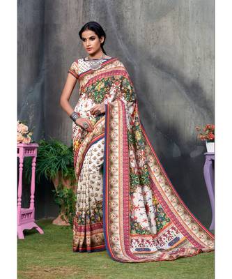 multicolor printed tussar silk saree with blouse 1