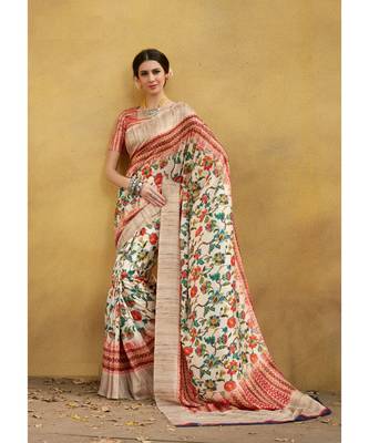 Cream printed tussar silk saree with blouse 1