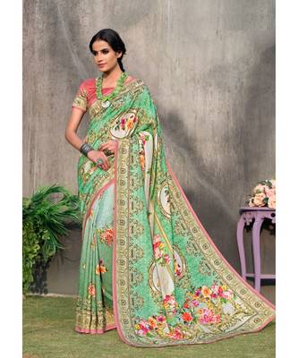 green printed tussar silk saree with blouse 1