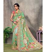 green printed tussar silk saree with blouse