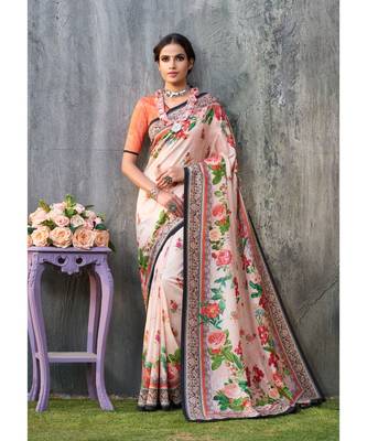pink printed tussar silk saree with blouse 1