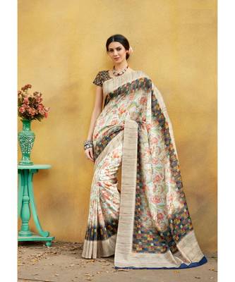 Beige printed tussar silk saree with blouse 1