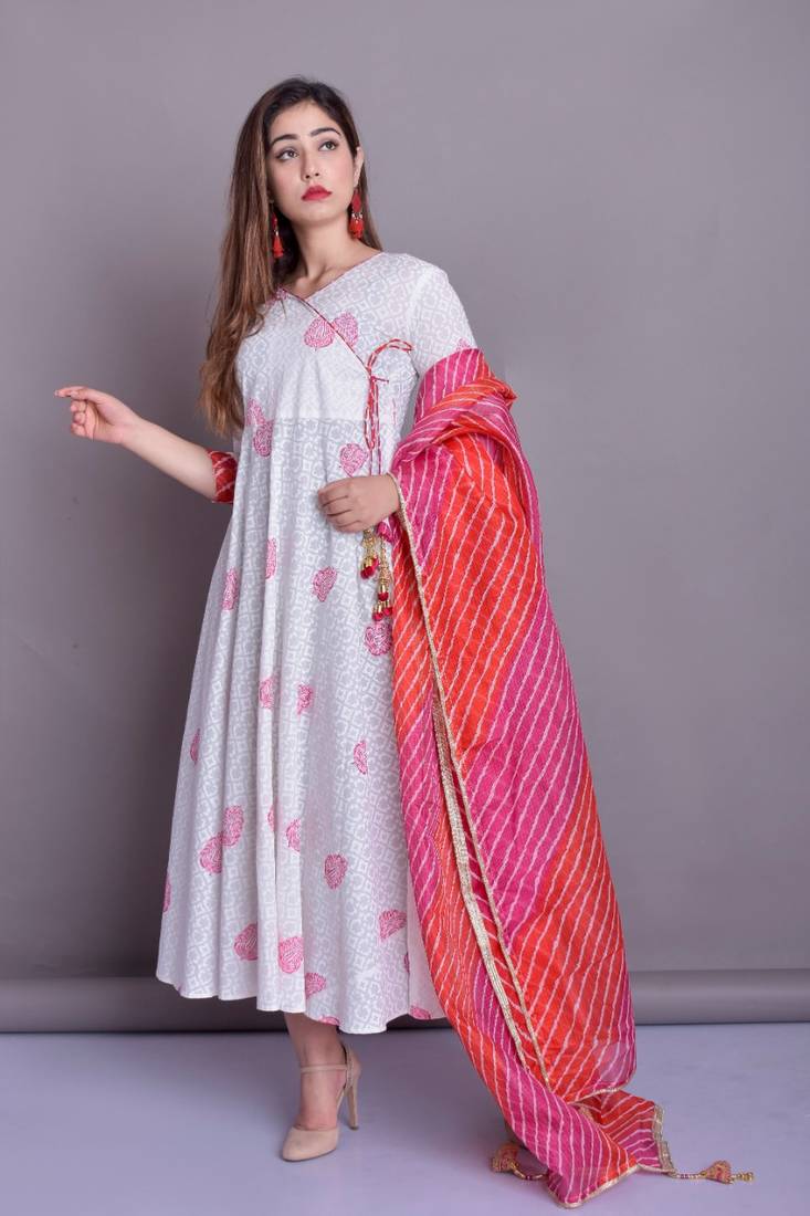 Cotton Self Gown With Lehriya Doria Duppta