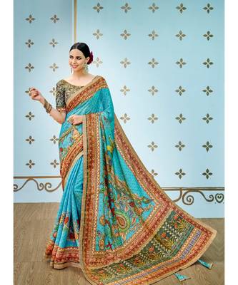 blue printed banarasi saree with blouse 1