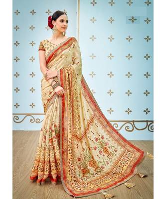 multicolor printed banarasi saree with blouse 1