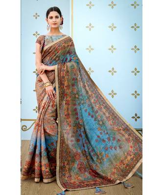 multicolor printed banarasi saree with blouse 1