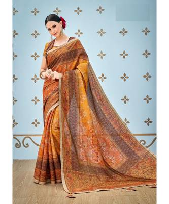 orange printed banarasi saree with blouse 1
