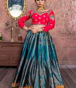 Teal woven banarasi silk semi stitched lehenga