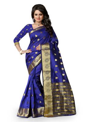   navy blue woven cotton saree with blouse 1