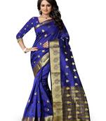   navy blue woven cotton saree with blouse
