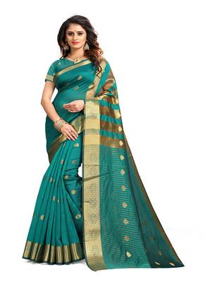   sea green woven cotton saree with blouse 1