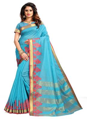   light blue woven cotton saree with blouse 1