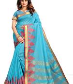   light blue woven cotton saree with blouse