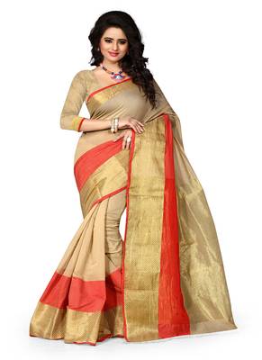 Beige woven cotton saree with blouse 1