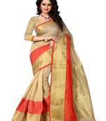 Beige woven cotton saree with blouse
