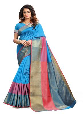   light blue woven cotton saree with blouse 1