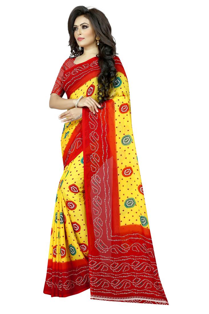 Yellow  Printed Georgette  Saree With Blouse