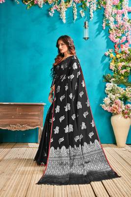 Black woven silk blend saree with blouse 4