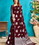 Brown woven silk blend saree with blouse