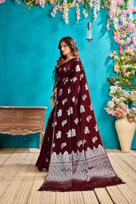 Brown woven silk blend saree with blouse 4