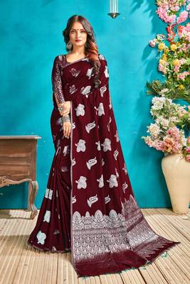 Brown woven silk blend saree with blouse 5