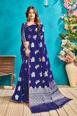 Royal blue woven silk blend saree with blouse 1