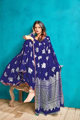 Royal blue woven silk blend saree with blouse 2